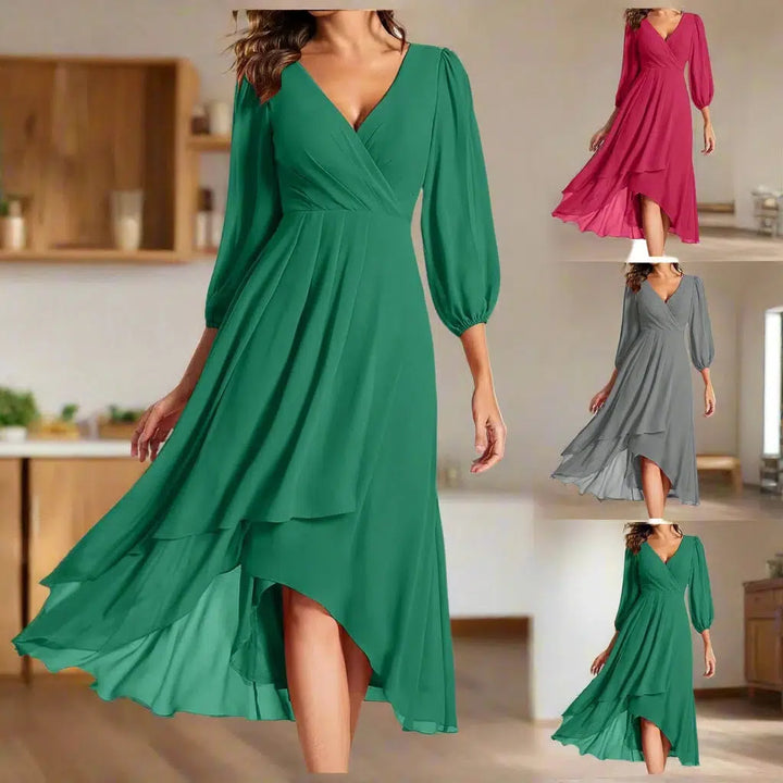 Elegant Evening Dresses Ruffles Sleeve Pleated V-Neck Midi Dress-Dresses-Bennys Beauty World