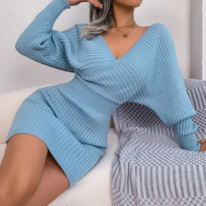 V-neck Bat Sleeve Lift Hip Sweater Dress