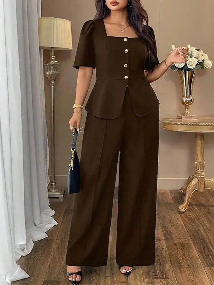 Women's Plus Size 2 - Piece Set | Puff Sleeve Top & Wide Leg Pants - Bennys Beauty World