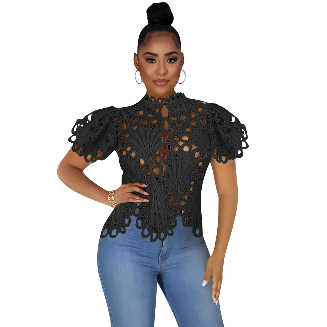 Elegant Long Sleeve Hollow Out Mesh Lace Blouse