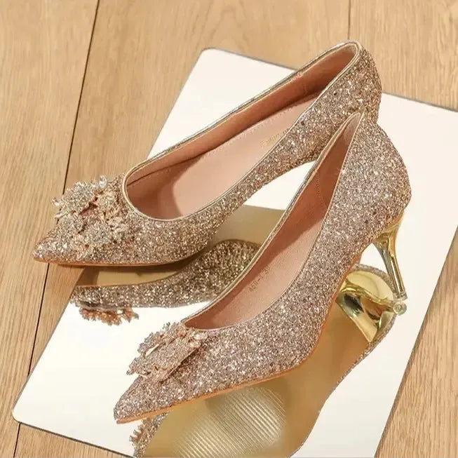 Women's Crystal Sequin Pointed Toe Pumps | Gold & Silver Heels-Shoes-Bennys Beauty World