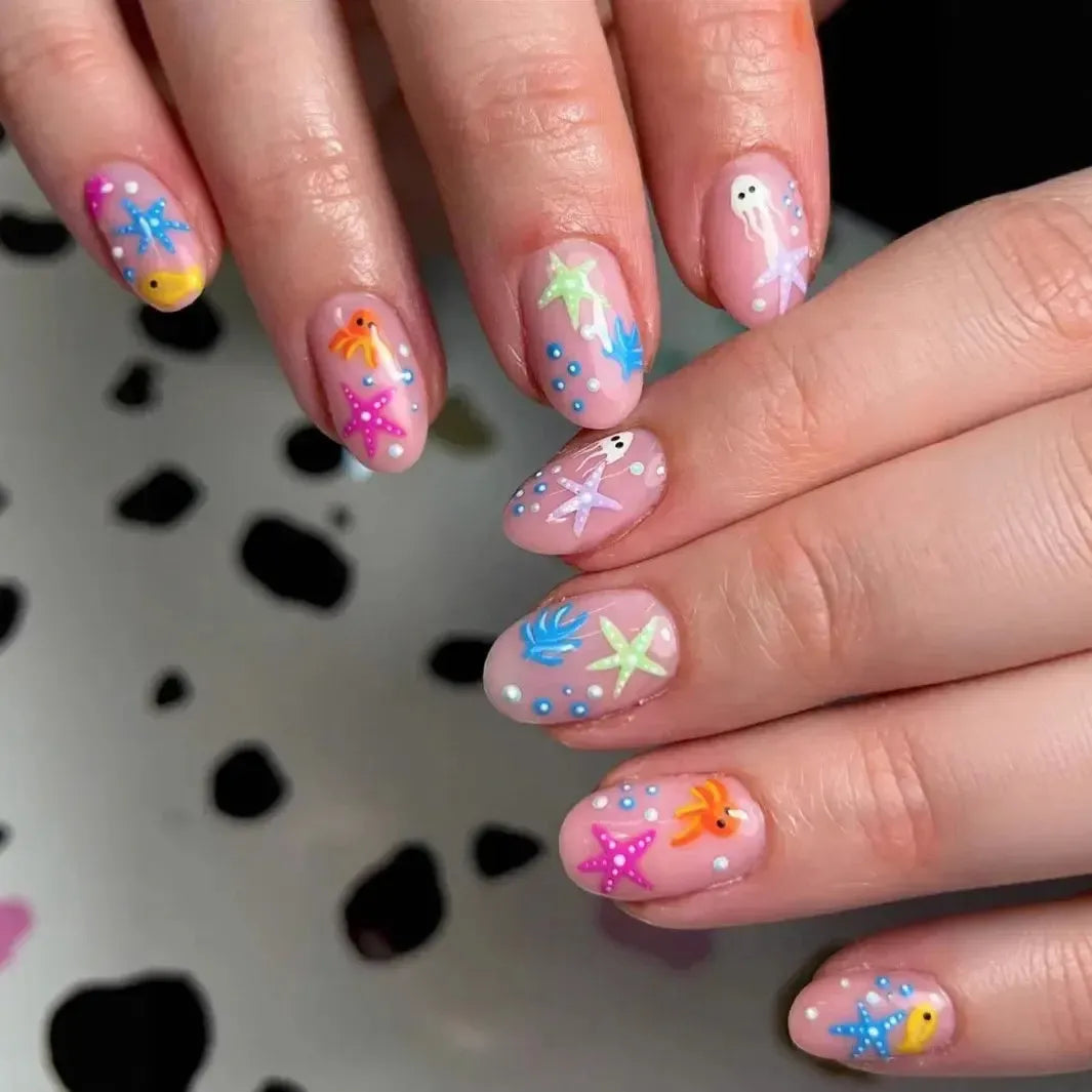 Short Round Press-On Nails – 24 Pcs Cute Line Flower Design Full Cover False Nails-Nails-Bennys Beauty World