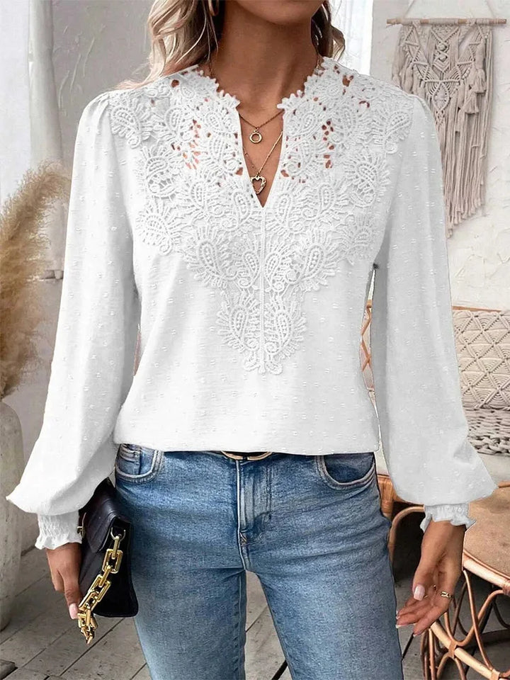 Women's Elegant V-Neck Lace Blouse – Long Sleeve Hollow Out Blouse