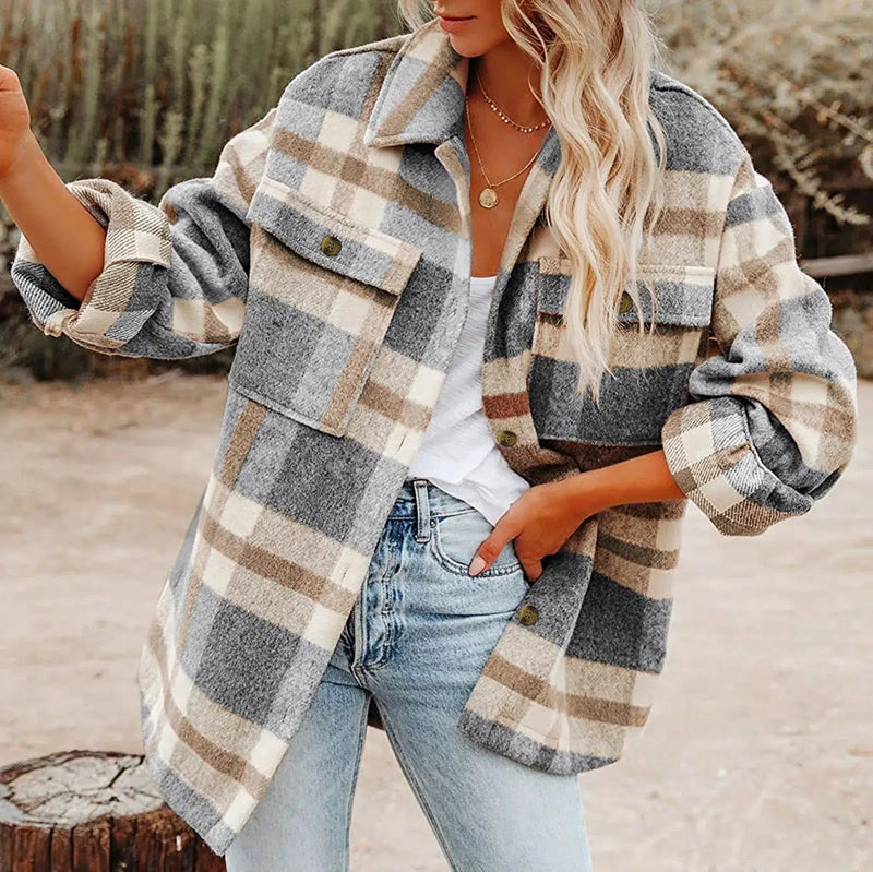 Women Plaid Jacket Long Sleeve Shirt