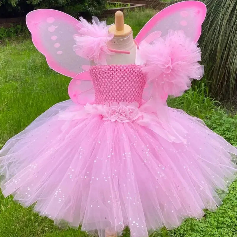 Girls Fairy Tutu Dress Set – Kids Fluffy Tulle Ball Gown with Wings, Wand &amp; Headband for Birthday, Halloween &amp; Party-Dresses-Bennys Beauty World