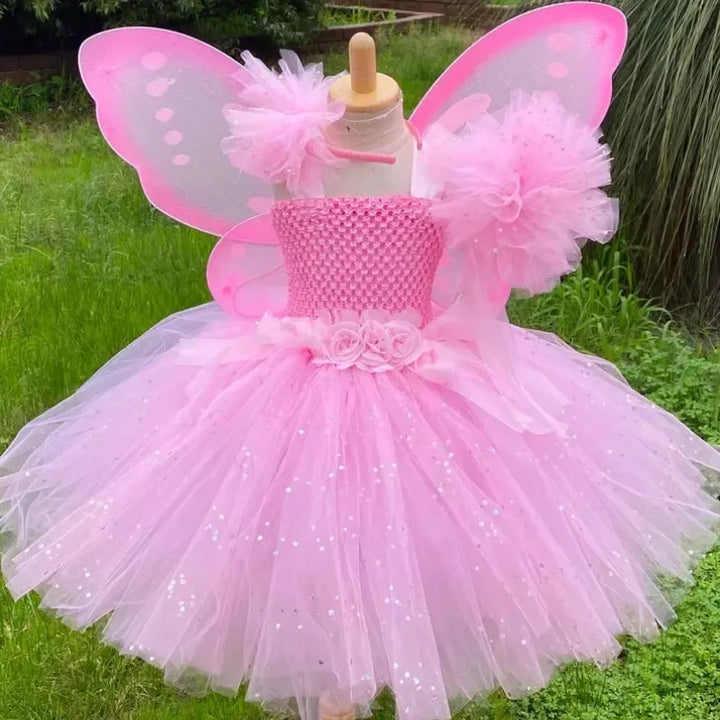 Girls Fairy Tutu Dress Set – Kids Fluffy Tulle Ball Gown with Wings, Wand &amp; Headband for Birthday, Halloween &amp; Party-Dresses-Bennys Beauty World