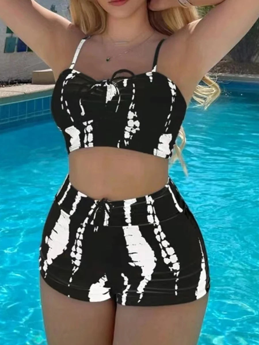 Drawstring Front Shorts Bikinis High Waist Swimsuit For Women