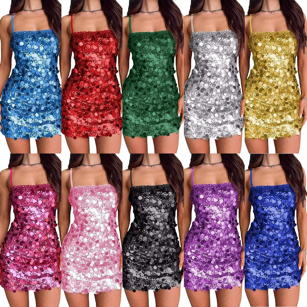 Sequin Square-Neck Spaghetti Strap Bodycon Mini Dress