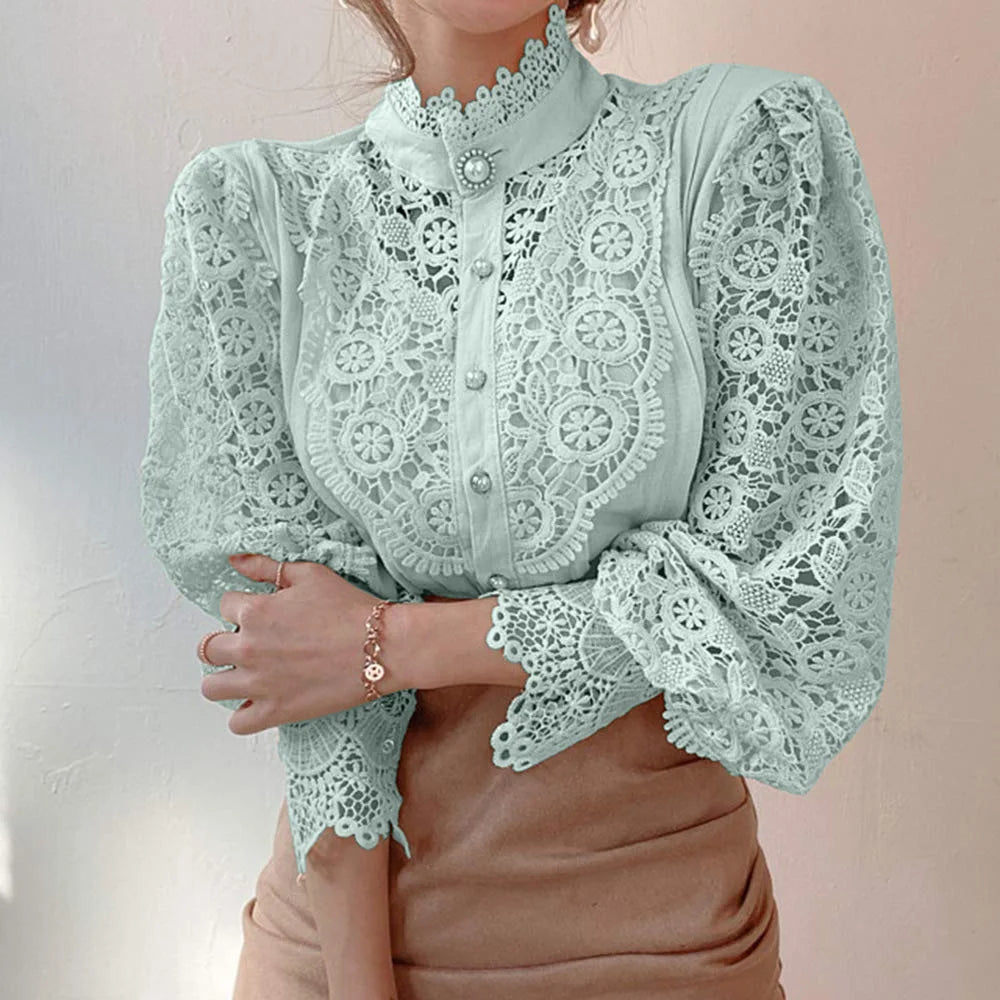 Elegant Lace Tops Embroidery Hollow Out Solid Tunic Blouse