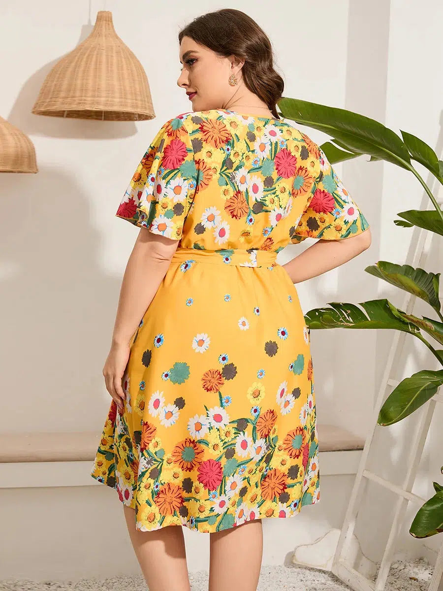 Midi Dress For Women Summer V Neck Floral Print Dress-Dresses-Bennys Beauty World