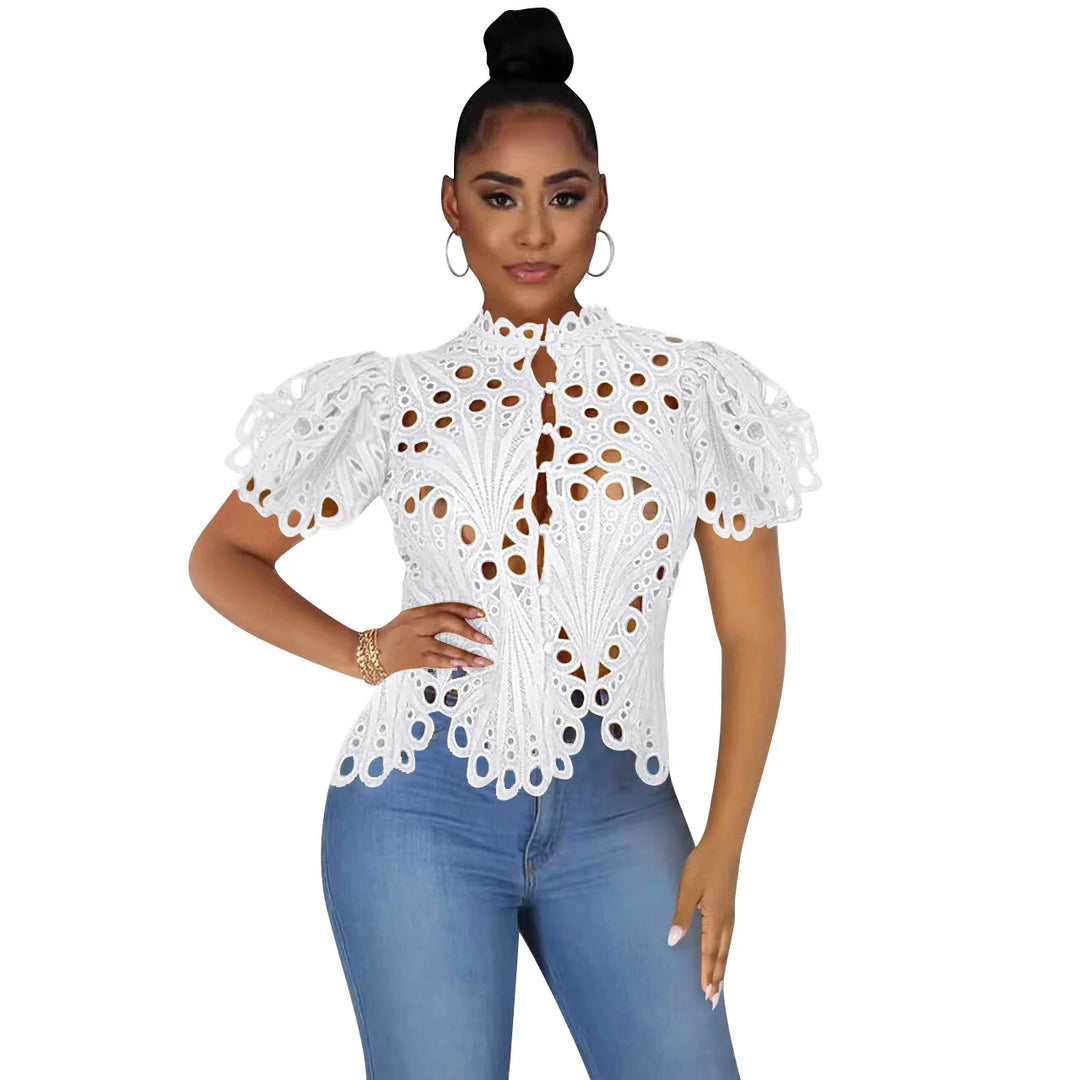 Elegant Long Sleeve Hollow Out Mesh Lace Blouse