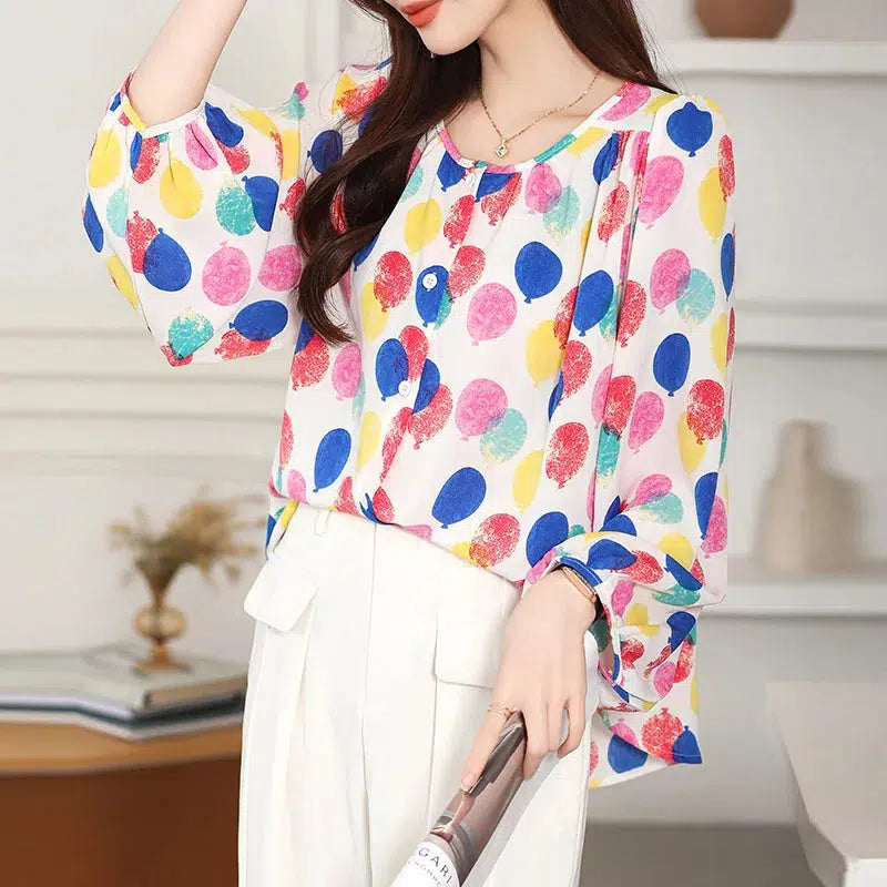 Womens Fashion Loose Casual Chiffon Shirts Spring Chic Balloon Printed Tops-blouse-Bennys Beauty World