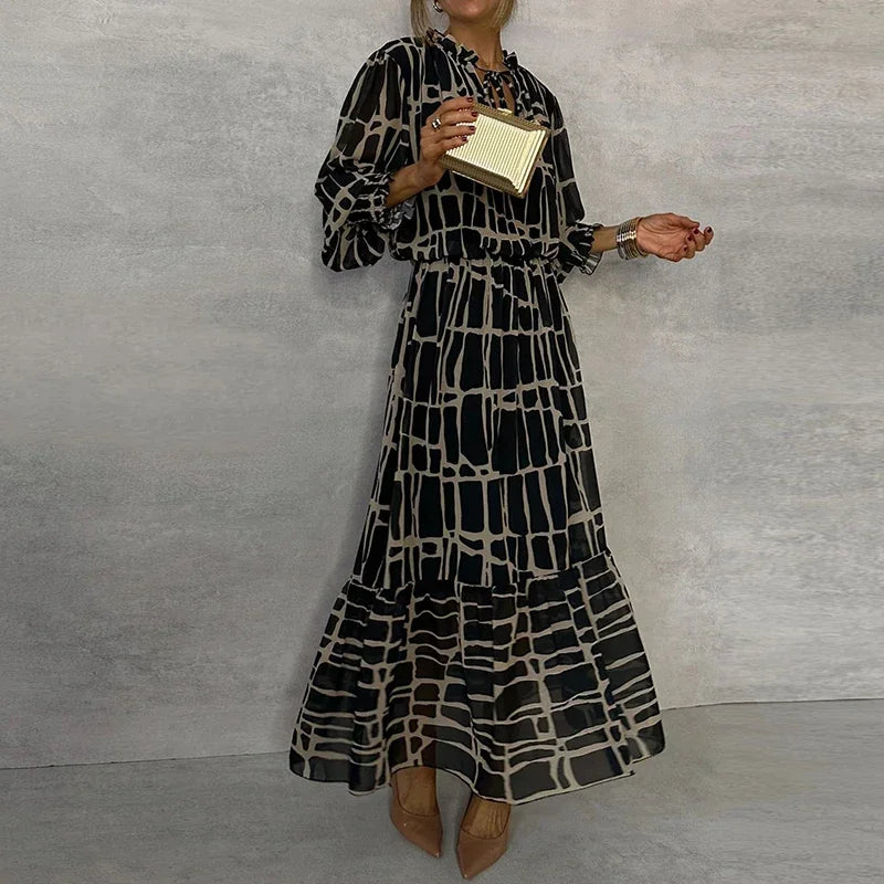 Ladies Fashion Printed V-neck Office Dress-Dresses-Bennys Beauty World