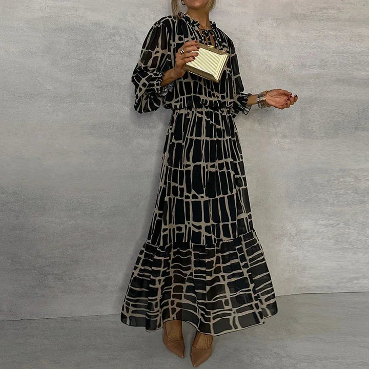 Ladies Fashion Printed V-neck Office Dress-Dresses-Bennys Beauty World