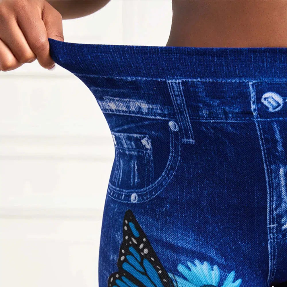Womens High Waist Stretchy Legging Denim Look Skinny Leggings
