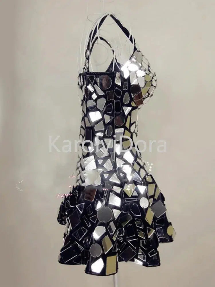 2023 Silver Mirror Dress Sexy Stage Costume Women Festival Outfit Nightclub Bar Singer Dj Ds Performance Clothing Handmade-Bennys Beauty World