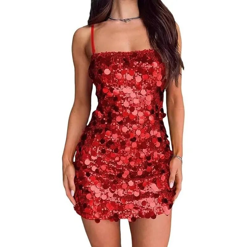 Sequin Square-Neck Spaghetti Strap Bodycon Mini Dress