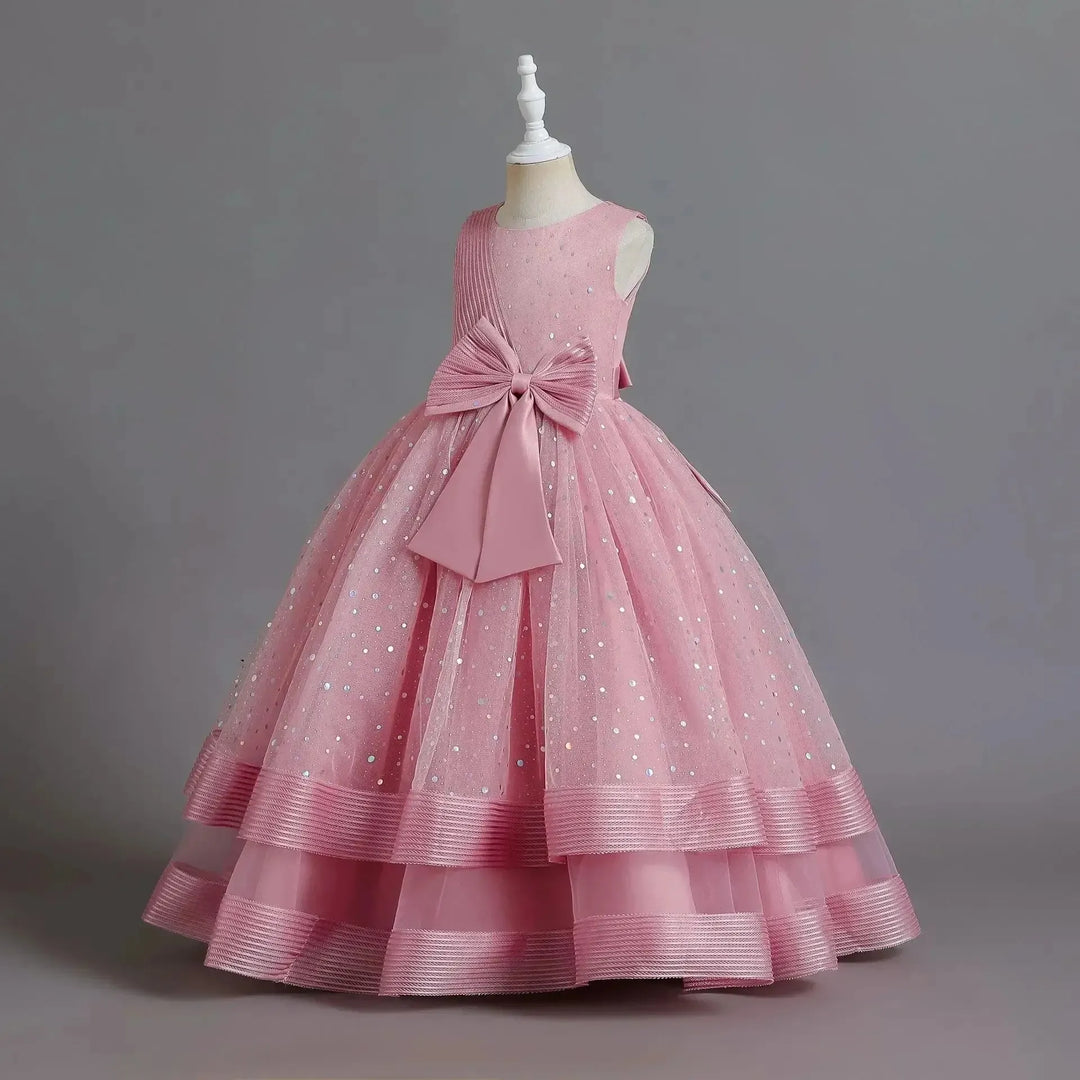 Girls Floral Princess Dress with Bow – Wedding &amp; Party Gown - Bennys Beauty World