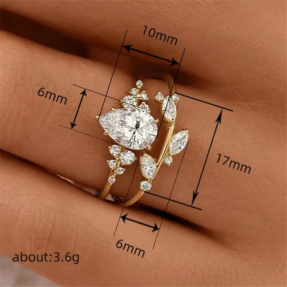 Water Drop Cubic Zirconia Bridal Ring Set – 2-Piece Gold Tone Wedding Band Set for Women-rings-Bennys Beauty World
