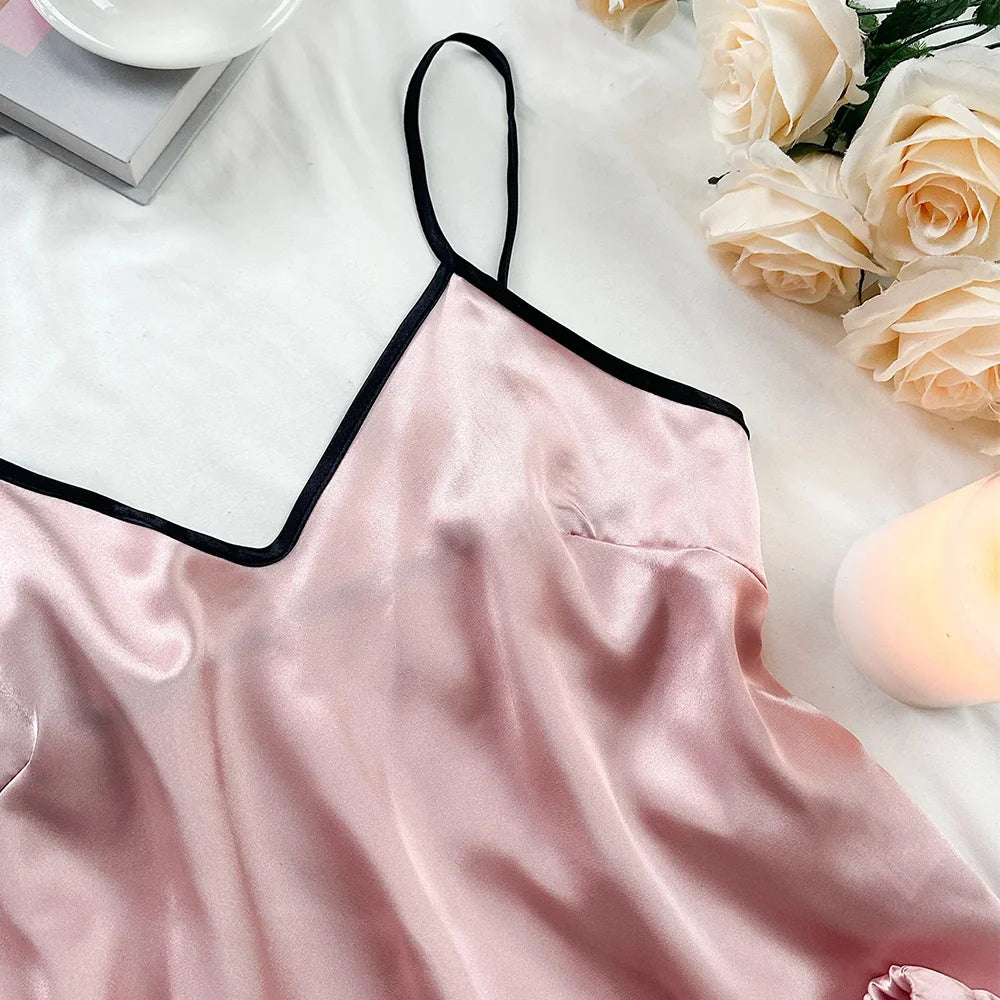 Women's Smooth Satin Pajamas V-Neck T-Shirt Outfit