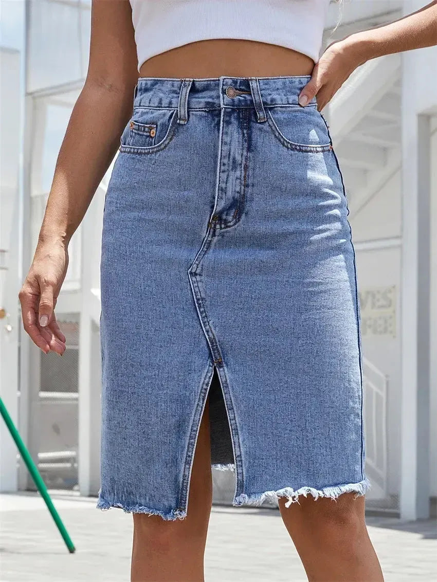 Blue Denim Midi Skirt for Women – High Waist A-Line Jean Skirt with Front Slit and Pockets-Skirt-Bennys Beauty World