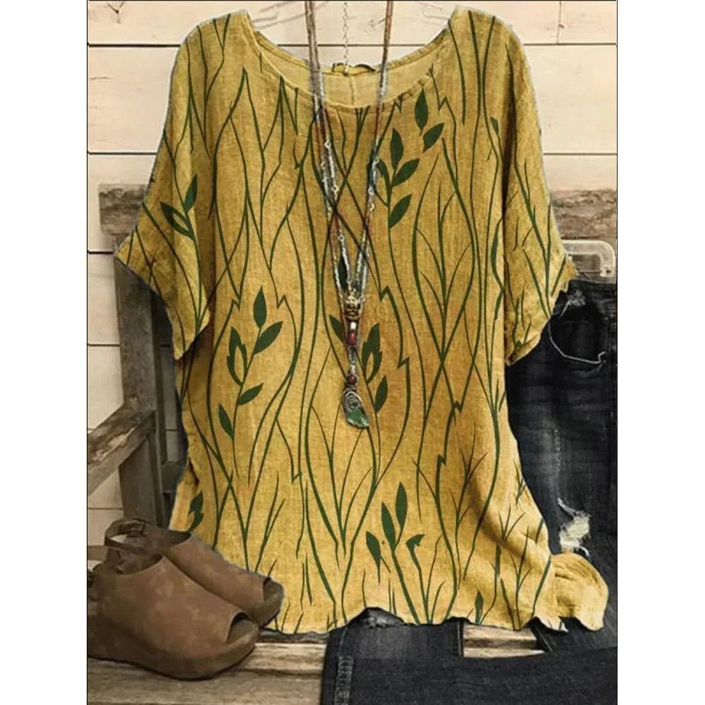 Plus Size Women’s Leaf Print Loose Blouse Casual Vintage T-Shirt Top - Bennys Beauty World