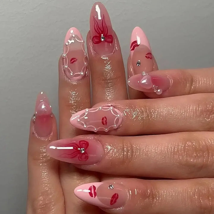 Almond Press-On Nails – 24 Pcs Flower Pattern False Nails | Bennys Beauty World-Nails-Bennys Beauty World