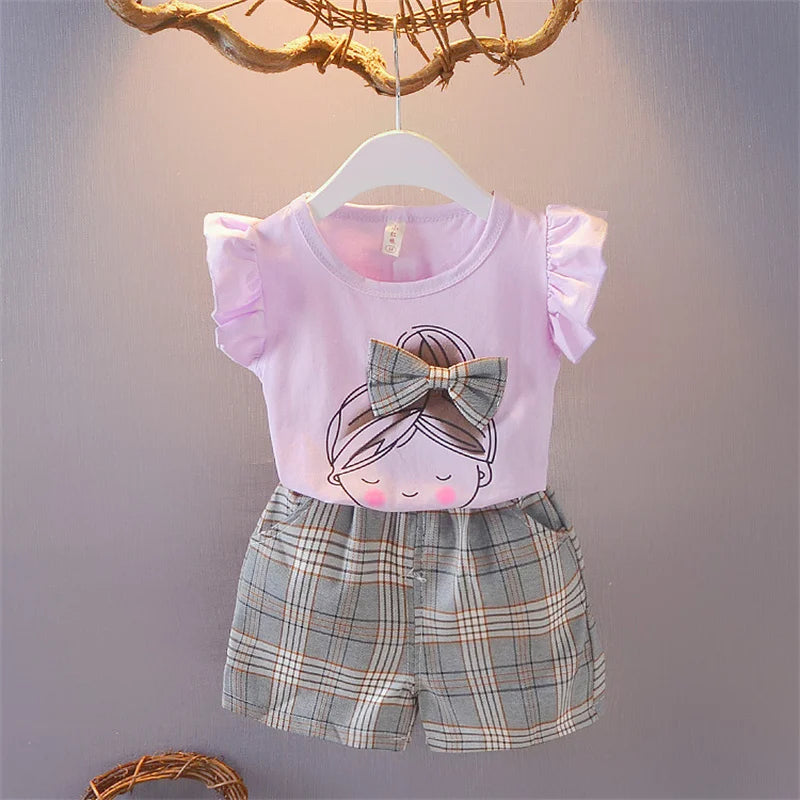 Girls Ruffle Sleeve Bow T-Shirt &amp; Plaid Shorts Set | 2-Piece Summer Outfit | Ages 2–7