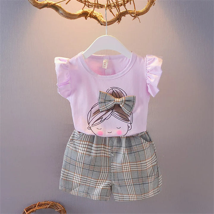 Girls Ruffle Sleeve Bow T-Shirt &amp; Plaid Shorts Set | 2-Piece Summer Outfit | Ages 2–7
