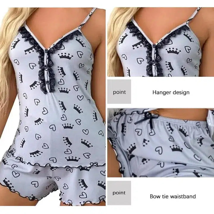 Sexy Summer Two Pieces Women Pajamas Set Deep V-Neck Tops And Shorts Pajama Suit Ladies Sleeveless Nightwear For Female-Bennys Beauty World
