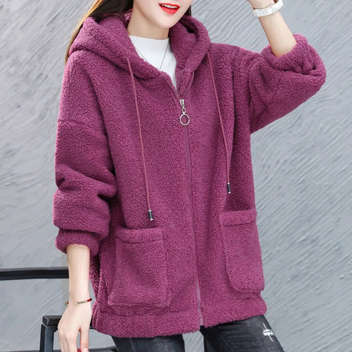 Women's Hooded Coat Chic Fleece Thick Solid Color Coat with Pockets