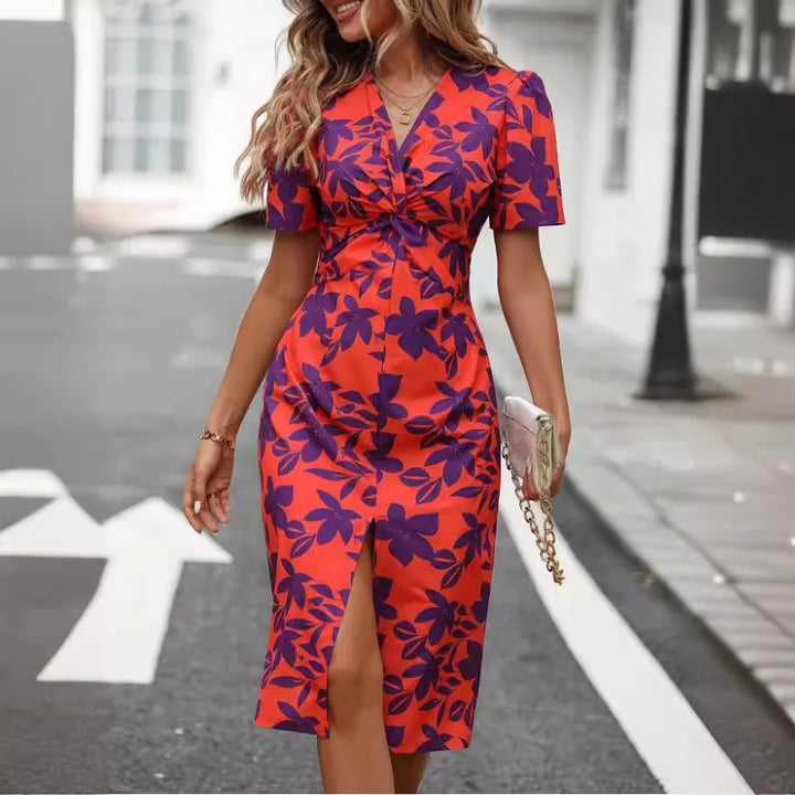3 Colors Printed Dress Summer Short Sleeved V-Neck Dresses Women's Vacation Tight Dress-Dresses-Bennys Beauty World