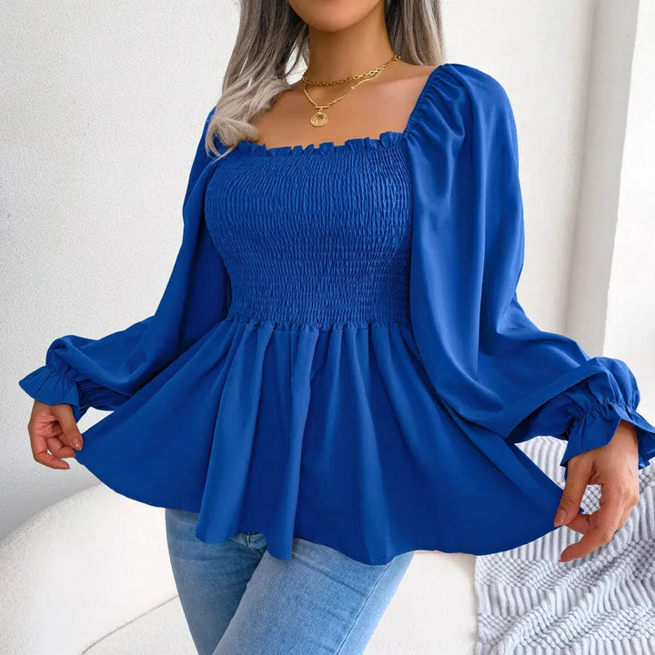 Women Chiffon Blouse 2023 Long Sleeve Casual Ruffles Peplum Top White Red Green Blue Black-Bennys Beauty World