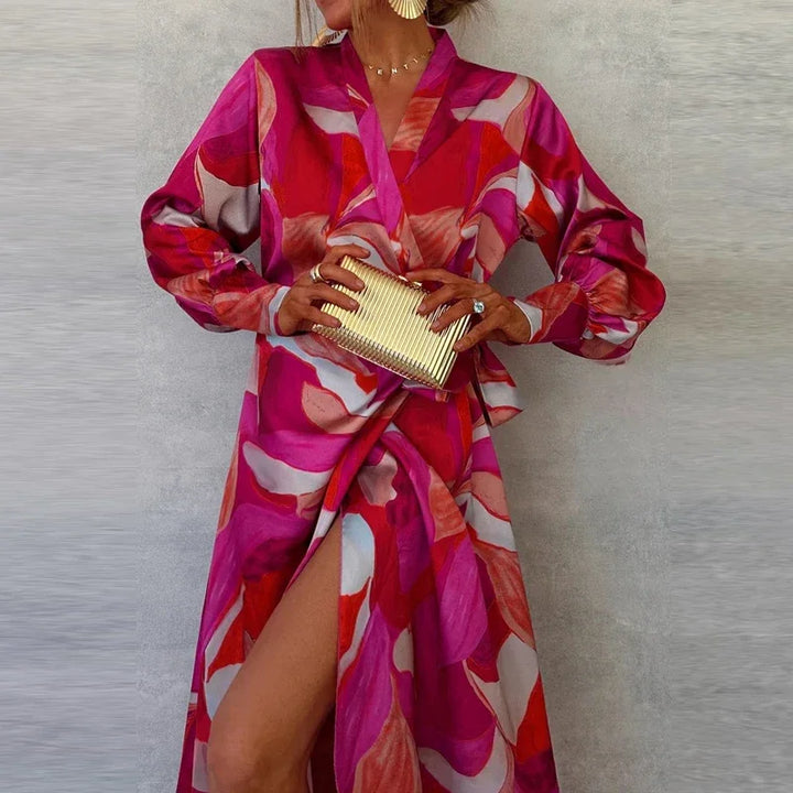 Ladies Fashion Printed V-neck Office Dress-Dresses-Bennys Beauty World