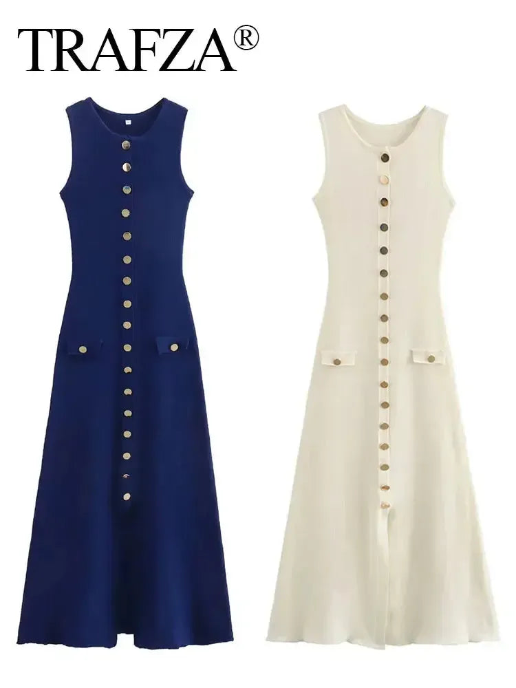 Women Elegant Solid Knitted Dress Single Breasted Dress-Dresses-Bennys Beauty World