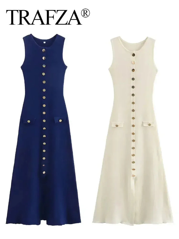 Women Elegant Solid Knitted Dress Single Breasted Dress-Dresses-Bennys Beauty World