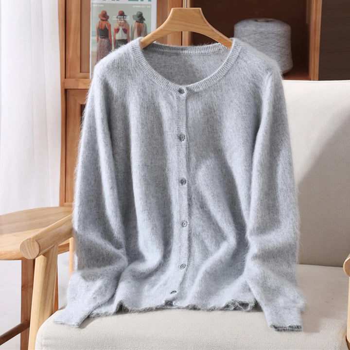 New Women 100% Mink Cashmere Sweater O-Neck Buttons Cardigan Autumn Winter Soft Warm Cable Kint Sweater Casual Long  Sleeve Tops