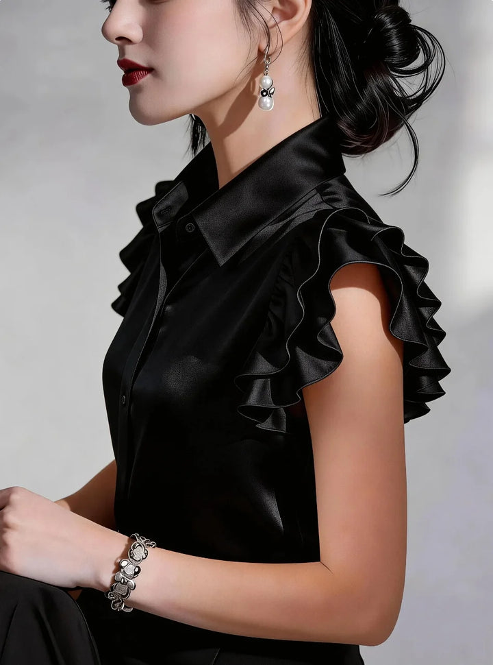 Women's Satin Button-Down Blouse – Ruffle Sleeve Collared Office Shirt