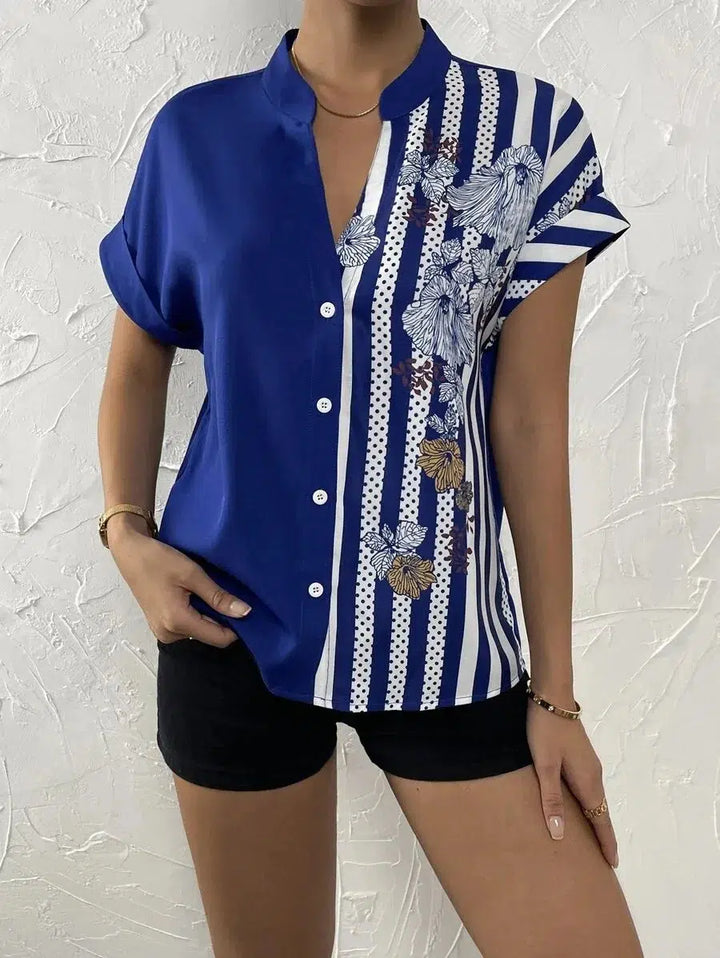 Women's Summer Double-contrast Flower Button Short-sleeved Shirt