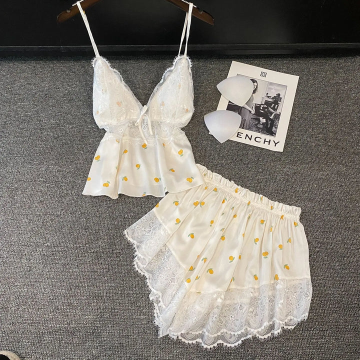 Summer Women Pajamas Lingerie Two Piece Lace Sleepwear