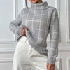 Womens Pullover Sweater Turtleneck Plaid Long Sleeve Top