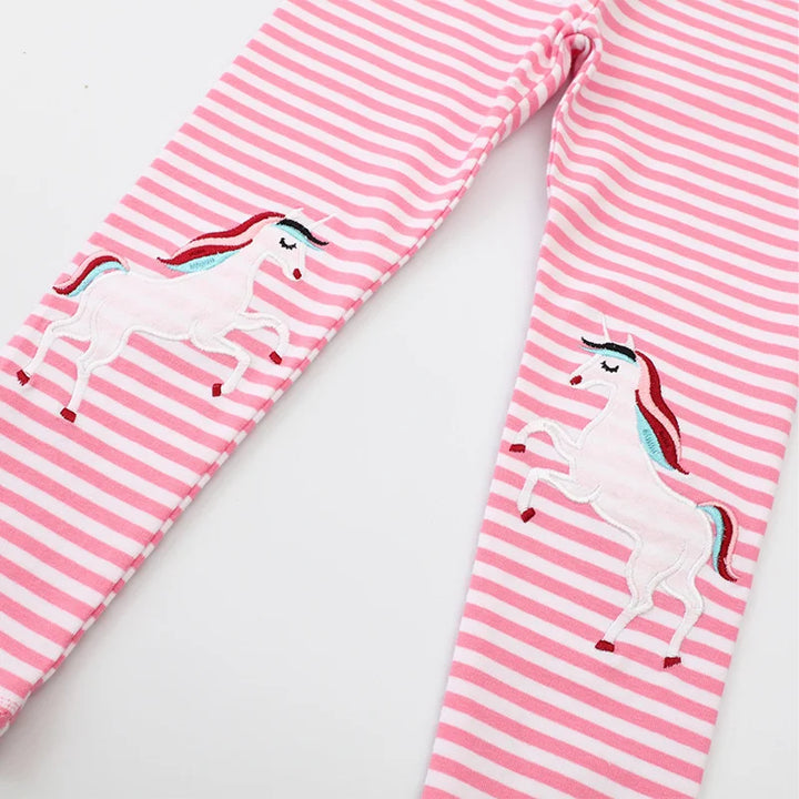 Girls Leggings Unicorns Embroidery Striped Pants