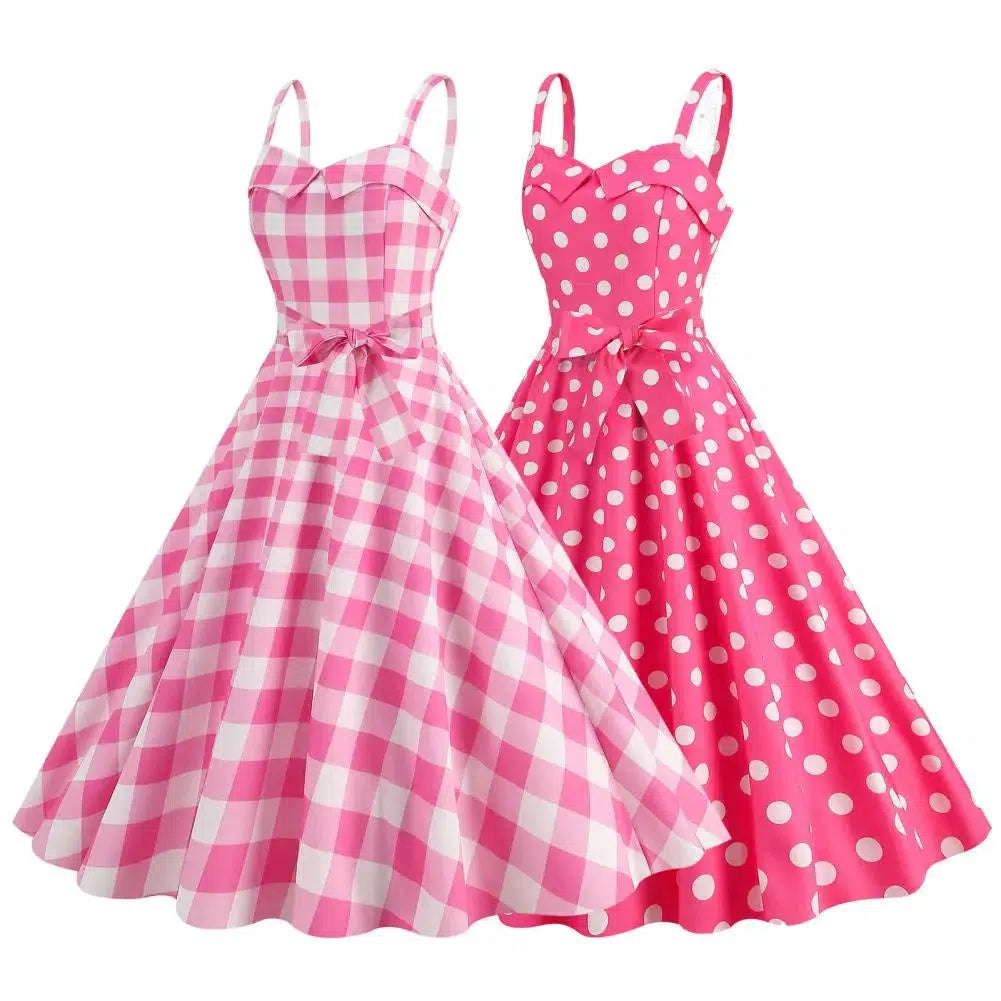 Women Vintage Pink Plaid Dress Retro Summer Dresses-Dresses-Bennys Beauty World