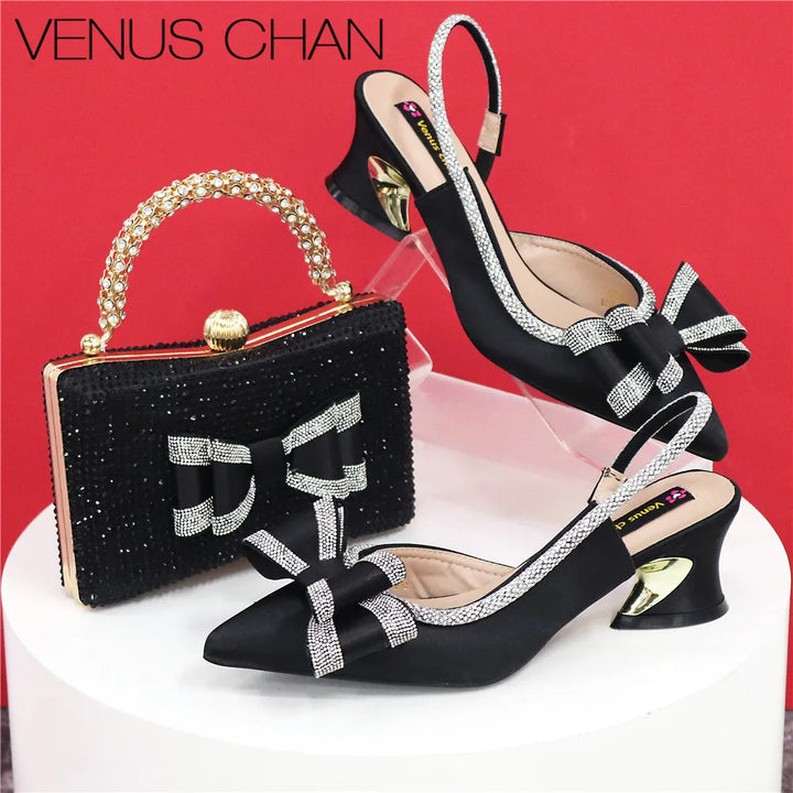 Women Hollowed Out Embroidery Rhinestone Shoes and Bag