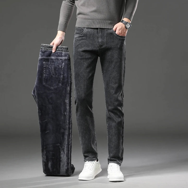 Warm Jeans Men's Slim Straight Elastic Denim Pants
