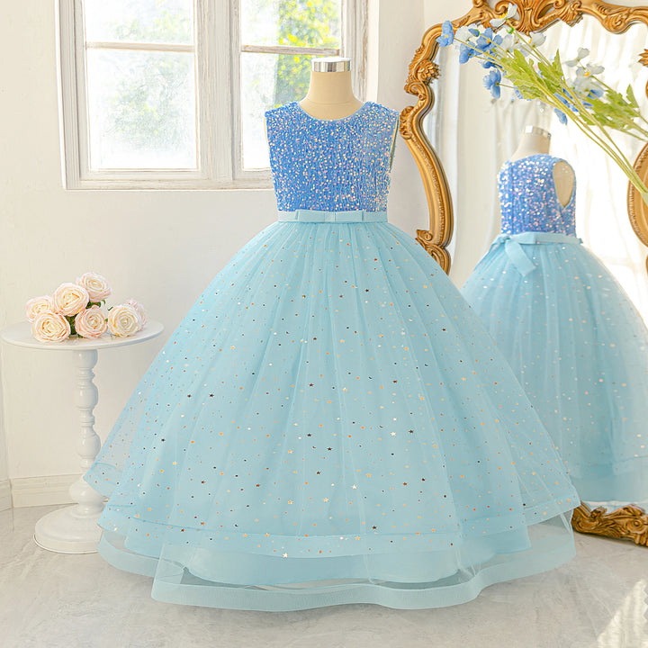 Girls Sequin Mesh Ball Gown – Bow Detail Party Dress, Ages 8–12