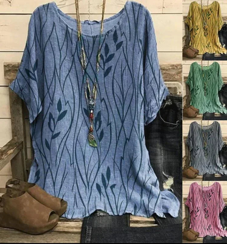 Plus Size Women’s Leaf Print Loose Blouse Casual Vintage T-Shirt Top-Blouse-Bennys Beauty World