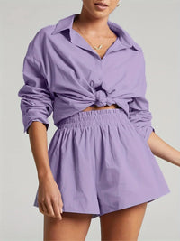 Casual Color Matching Single-Breasted Shirt and Elastic Shorts Set