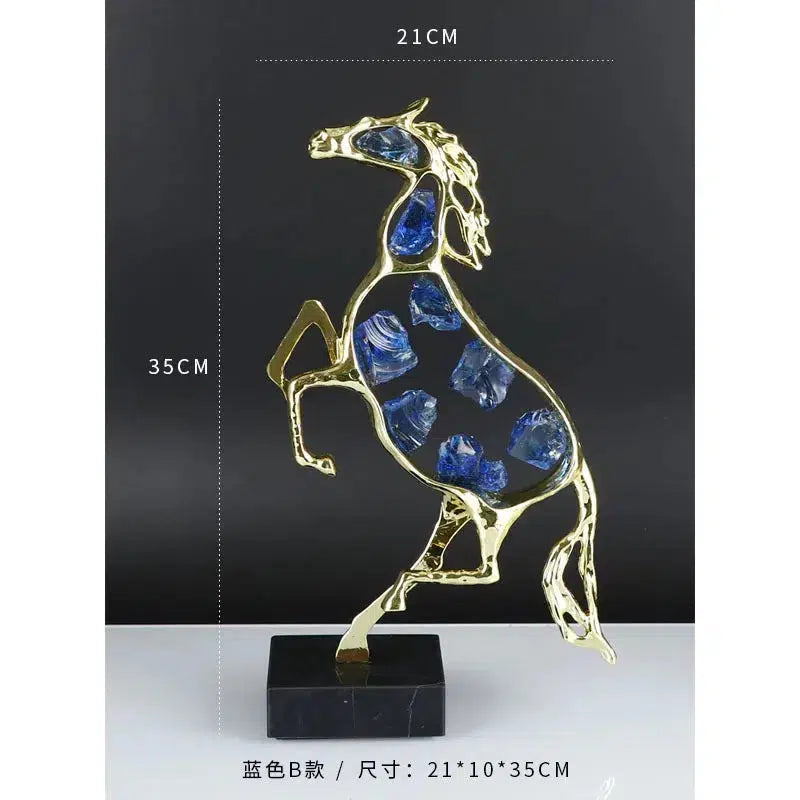 Metal Crafts Artificial Animal Sculpture Horse Golden Jewel Horse Blue Crystal Cut-out Decorative Figurines Home Decoration-Arlik interiors