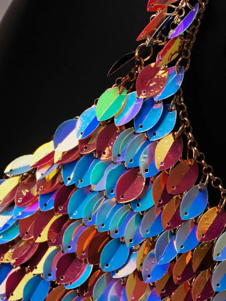 2023 New Handmade Squamous Glitters Party Sequin Mini Dress Dance Stage Costume Rave Wear Multicolor Leaf Chainmail Prom Dress-Bennys Beauty World